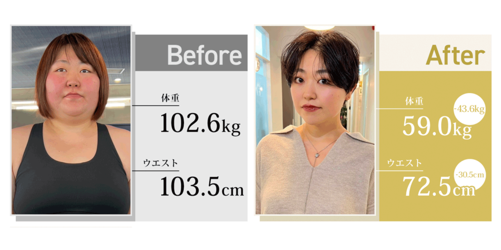 身長約150cm、約100kgの女性が-43.6kgのダイエットに成功したオンラインパーソナルトレーニングのビフォーアフター