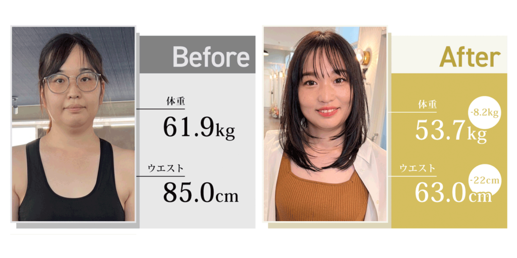 160cm60kg超から-8kg、ウエスト-22cmのダイエットに成功した女性のビフォーアフター