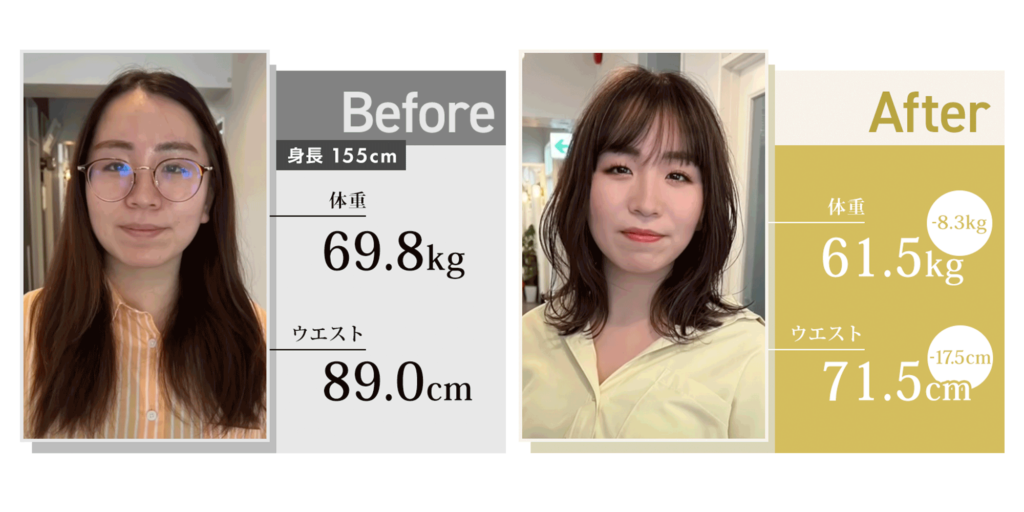 身長150cm、体重70キロの女性が-8キロのダイエットに成功したビフォーアフター